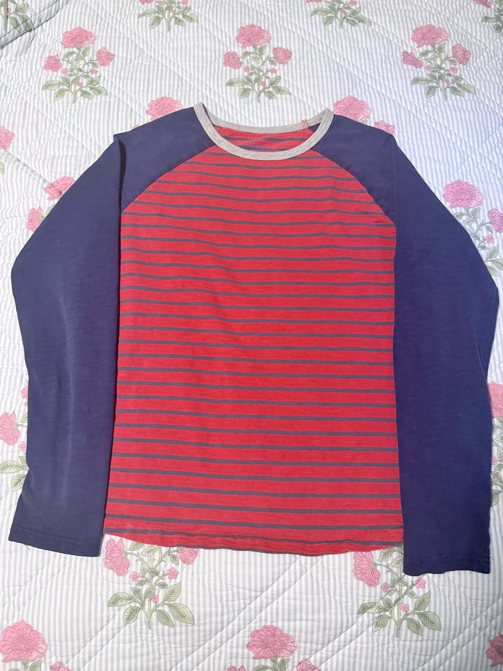 Boden Kid’s Red and Navy Striped Raglan Long-Sleeve Tee